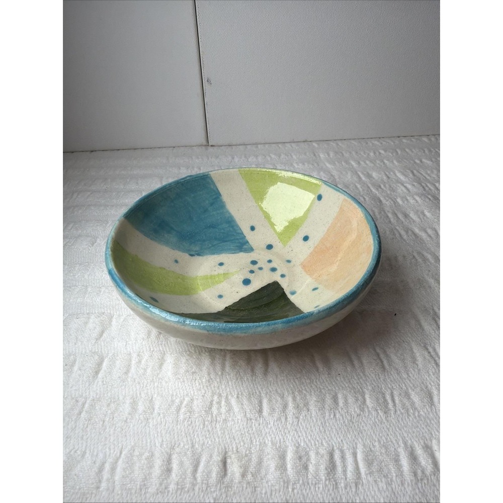 Hand Thrown And Painted Peach Green Lime Blue Spotted Trinket Dish Signed Nancy